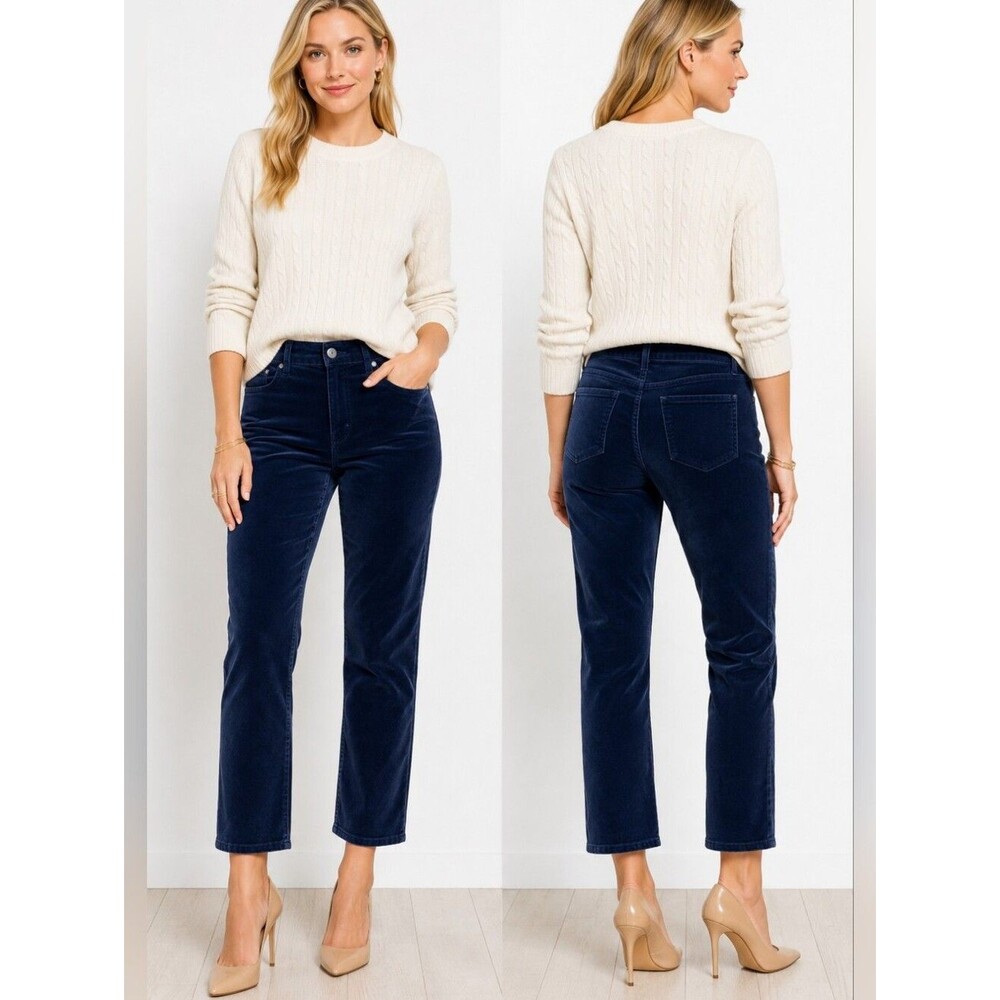 J. McLaughlin Velvet Straight Leg Jeans Women Blue Velour Pants Size 4 Cropped